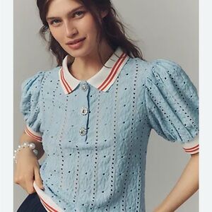 Maeve Blue Puff Sleeve Top with Striped Collar